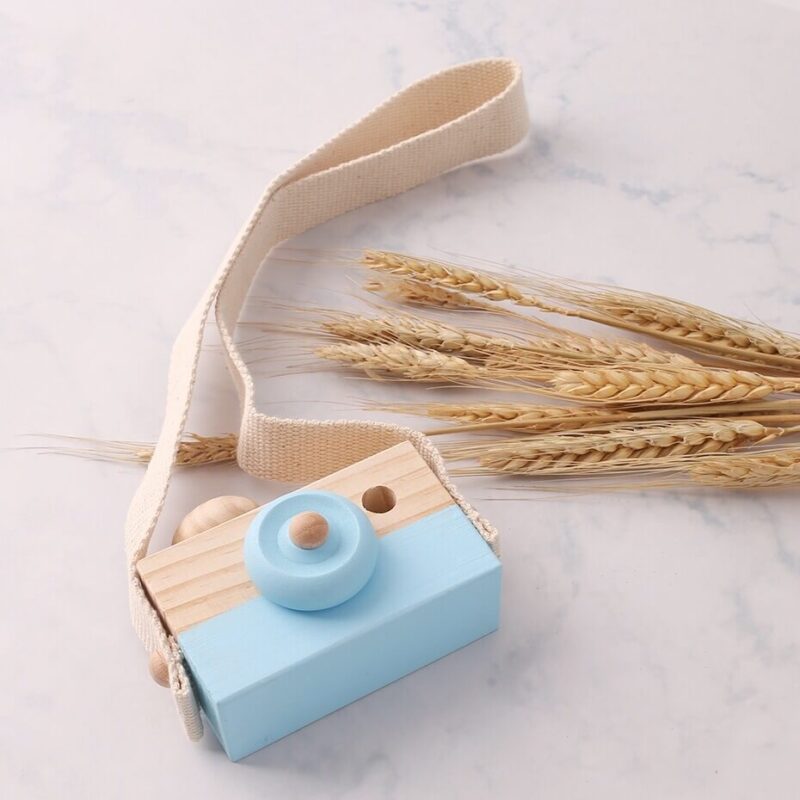 Wooden baby camera blue over a marble background and 9 wheat ears placed decoratively to the right.