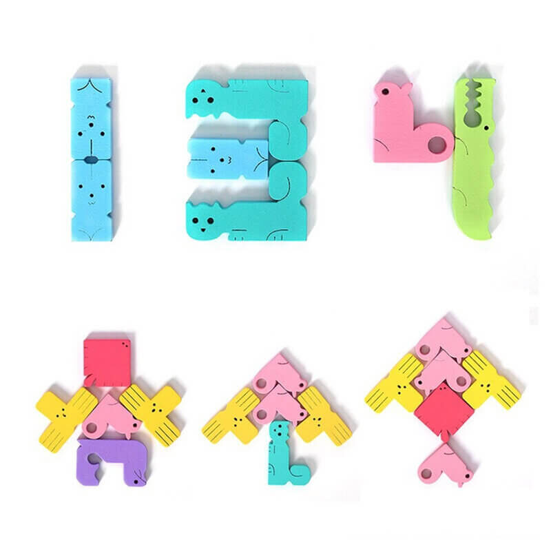 Wooden animal tetris pieces