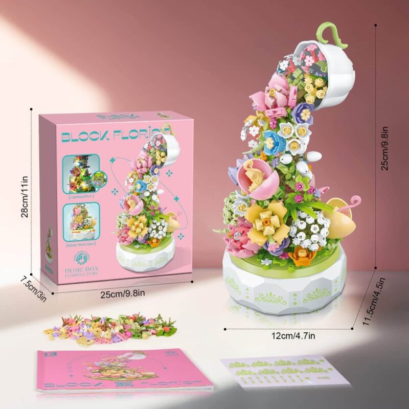 Flower music box content consists of a card, box, and guide that makes building it easy