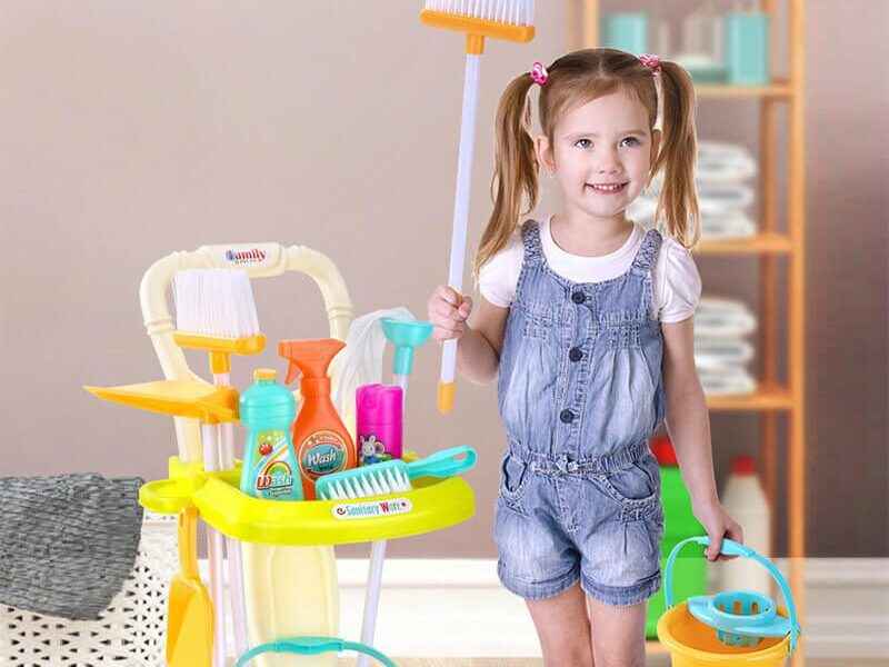 Cleaning trolley size comparison to a little girl