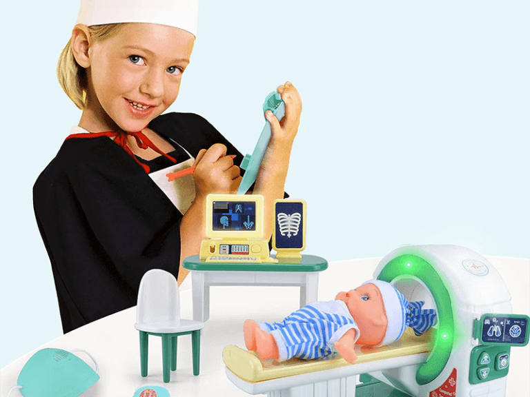 Picture of little girl writing the result of the scan on her clipboard which is the pretend play ideas for kids featured image